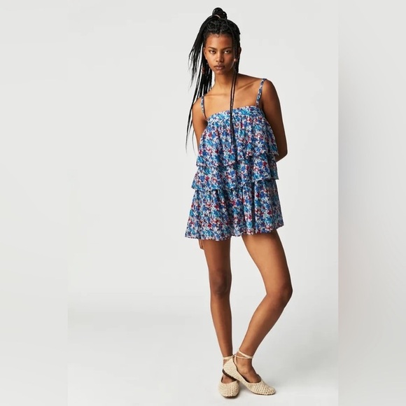 Free People One Talia Tunic Blouse Tiered Ruffle Boho Floral Top size Large - Picture 11 of 16